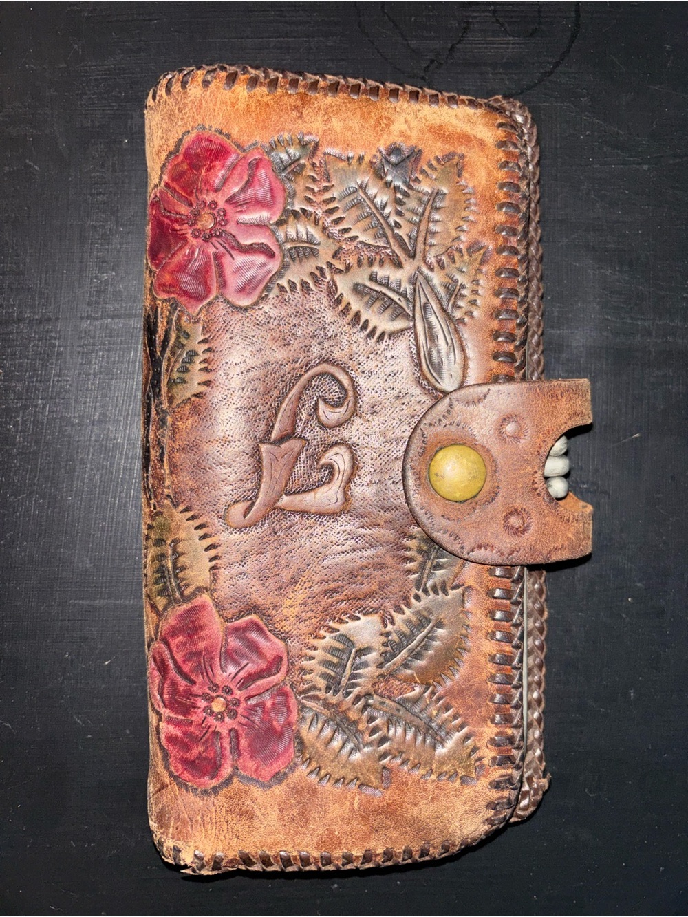 Handcrafted Brown Leather Floral Wallet with Red Accents